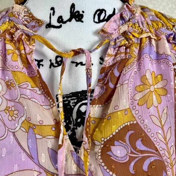Maison d' Amelie yellow blouse purple paisley print top flutter sleeve size S - Picture 9 of 15